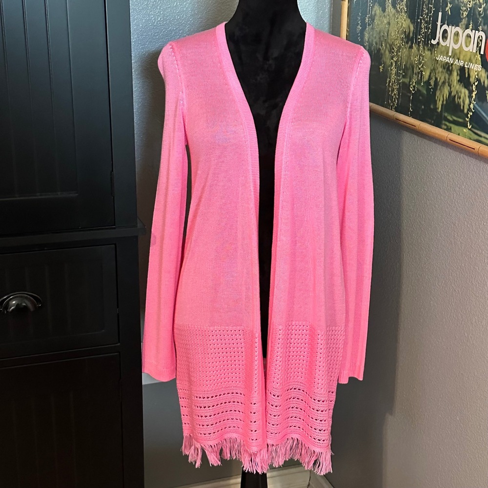 Talbots Open Front Fringe Cardigan Sweater Pink Small Lightweightβ Layer Preppy
